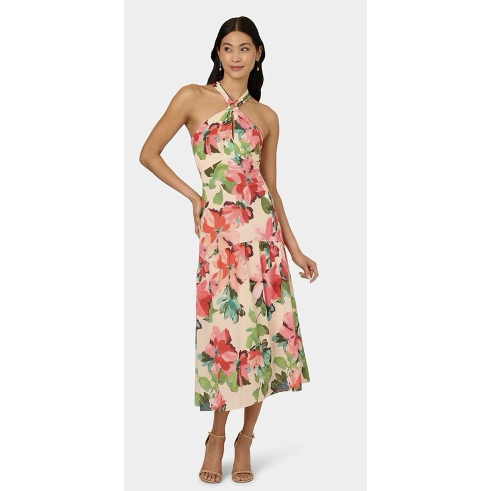 Adrianna Papell Women's Halter Flounce Midi Dress Floral Drop Waist Size 10‎